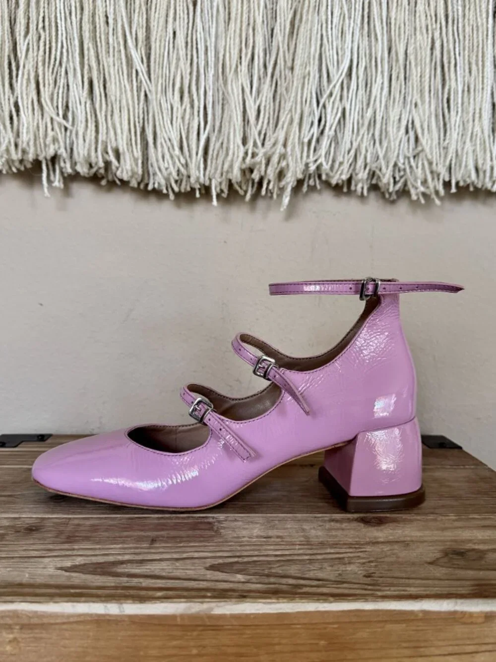 Anthropologie Vincenza Pink Patent Leather Triple Strap Mary Jane Block Heels 6